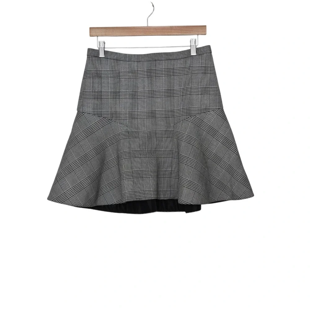 J.Crew Womens Glen Plaid Flounce Mini Skirt Black White Gray Size 8 Stretch Twee